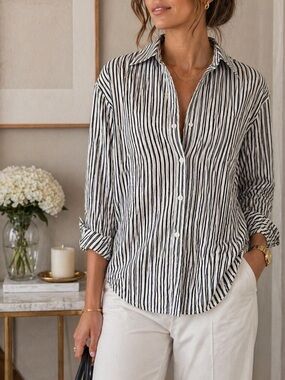 Apt 9 Black White Striped Button Down XL Stretch 3/4 Sleeve Y2K Office Work Wear